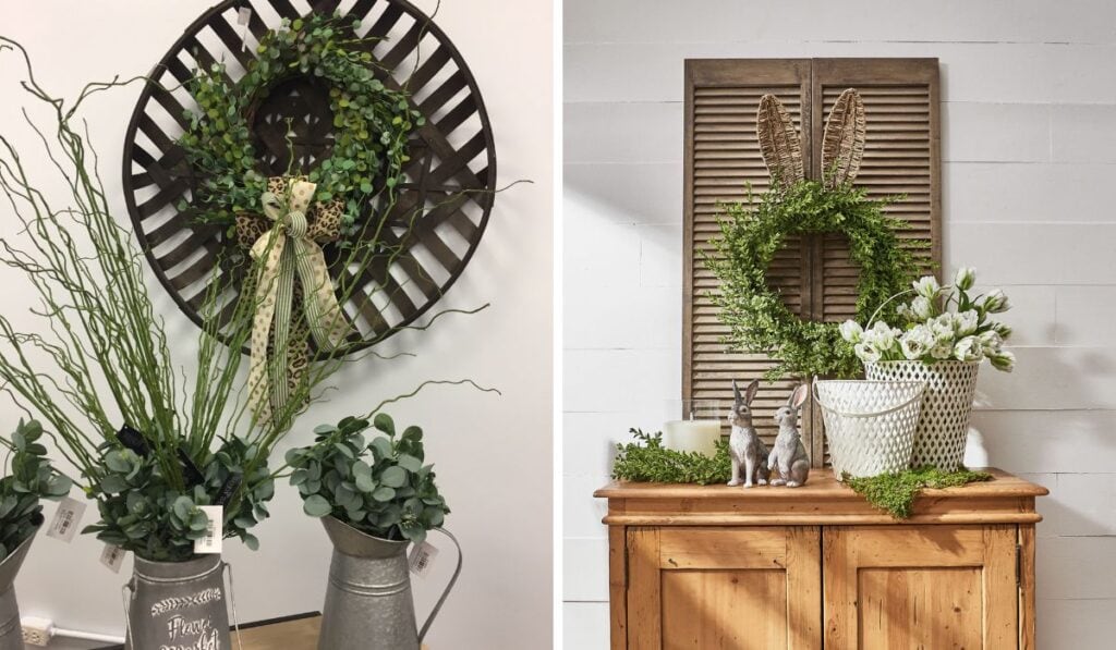 ways to display boxwood wreaths inside the home, on a tobacco basket, or with bunny ears!