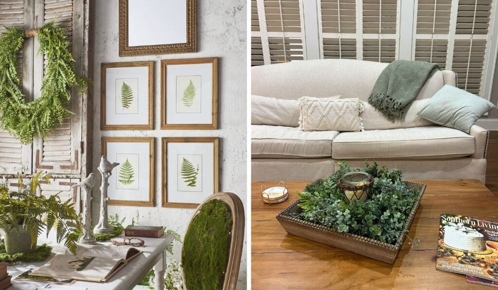 ways to display wreaths in a home hanging on the wall, on the coffee table