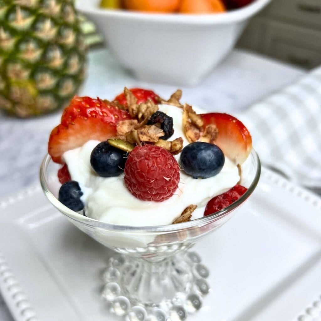 yogurt parfait with raspberries, blueberries and strawberries
