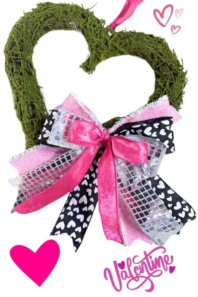 Valentine's bow for a green mossy heart wreath form