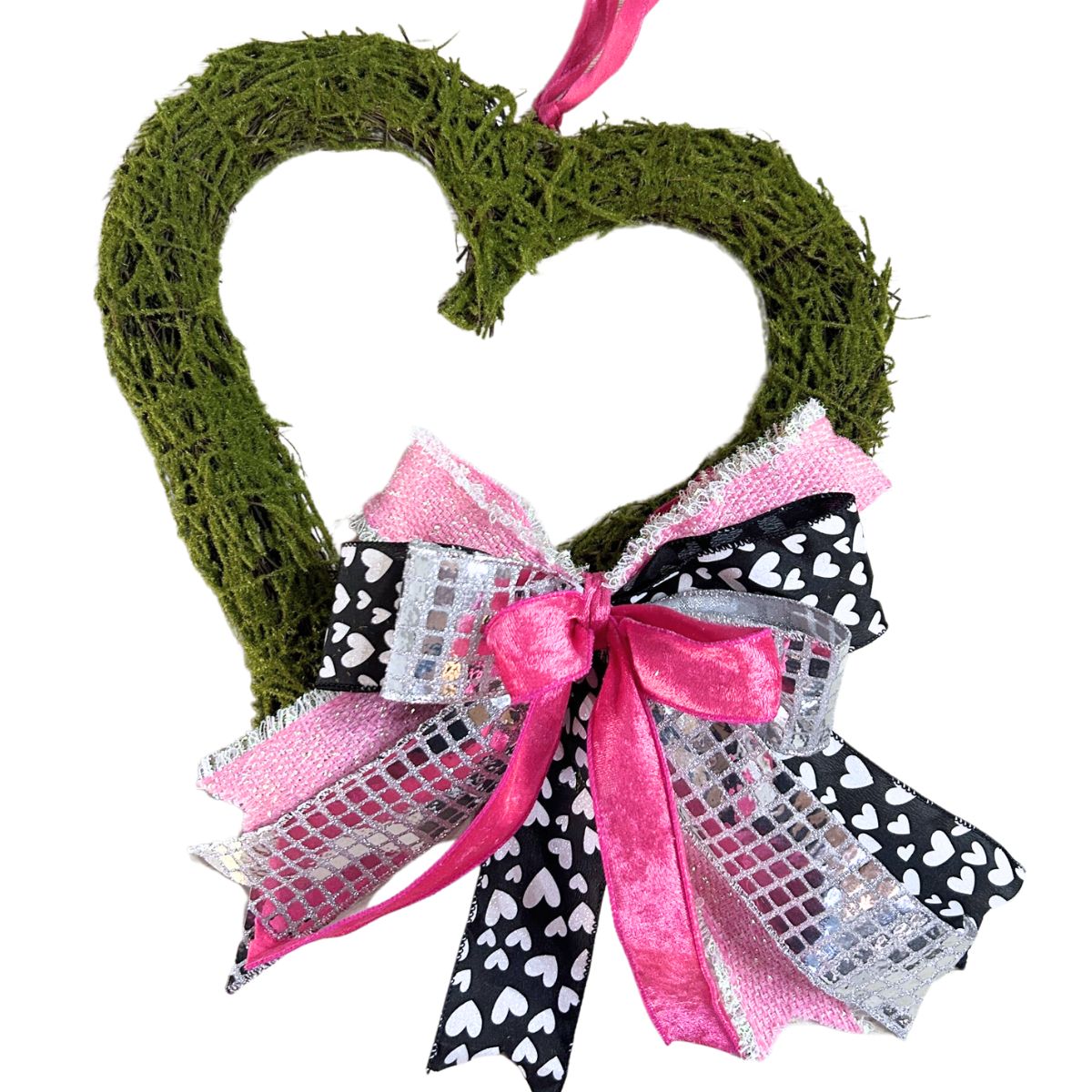 green moss heart with Valentine bow