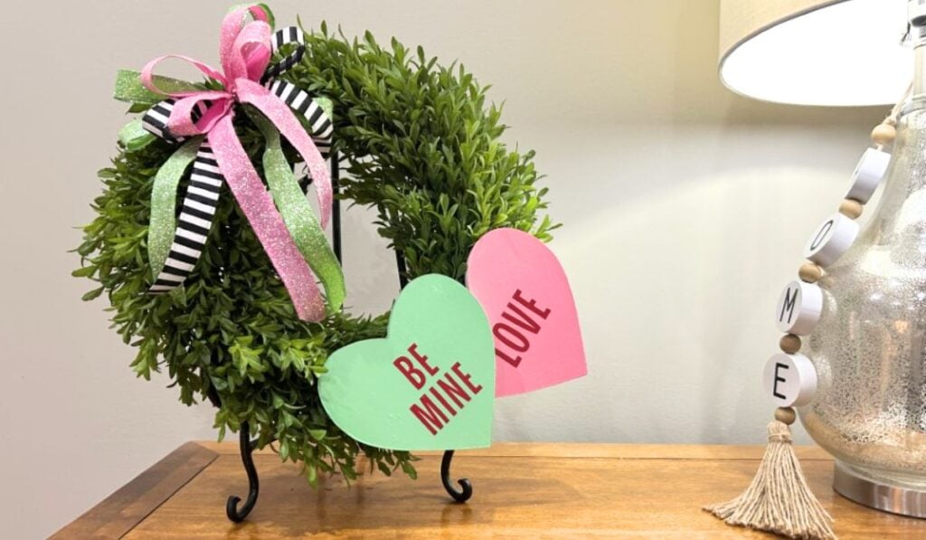 Valentine wreath DIY displayed on a table