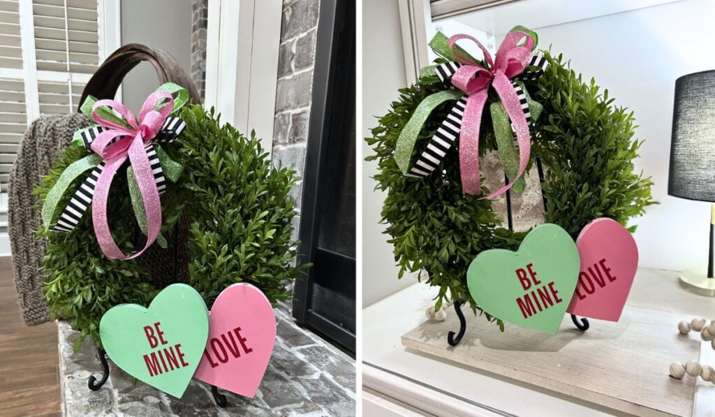 Valentine wreath displayed on hearth and on a bookcase