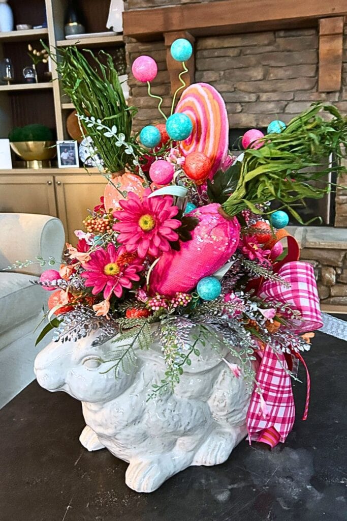 bunny arrangement with neon colors and silver accents