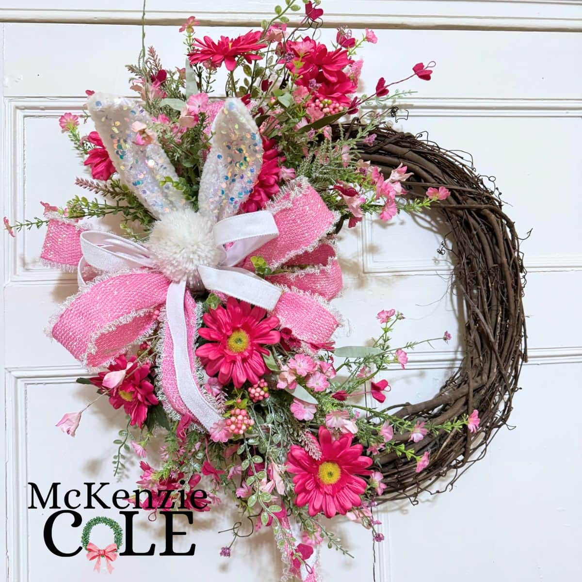 spring grapevine wreath with florals and bunny ears