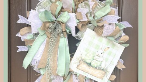 Sage Green Easter wreath with soft subtle shades of sage green and an exclusive Trendy Tree checked bunny sign with vintage touch