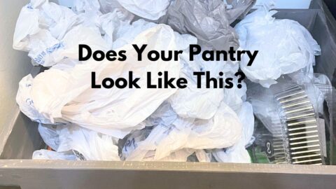 kitchen pantry with a pile of loose plastic grocery bags