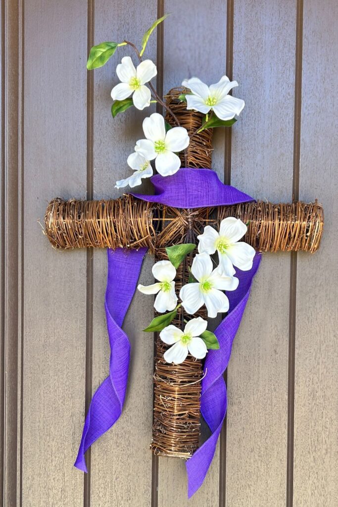 DIY Easter Cross with Dogwood Branch and Purple Ribbon
