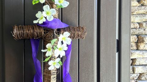 DIY Easter Cross with Dogwood Branch and Purple Ribbon