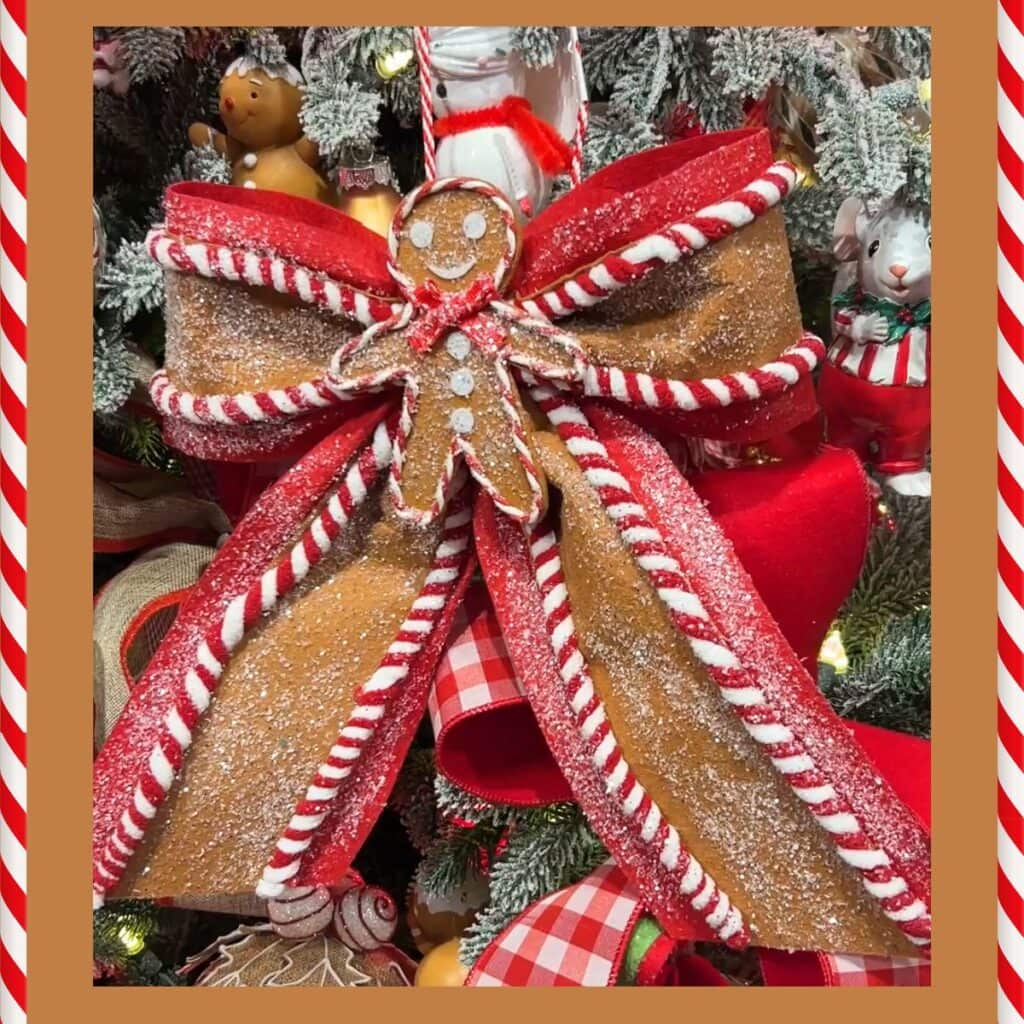 gingerbread christmas decorations, bow with gingerbread boy in the center