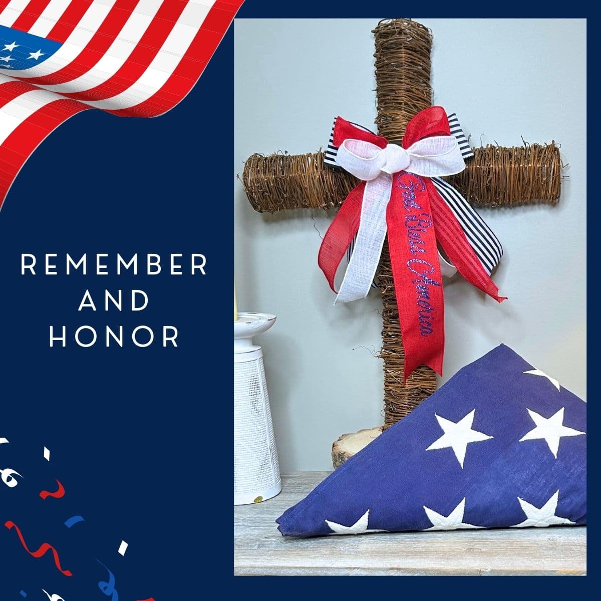 twig cross with red white and blue patriotic bow, folded flag on table
