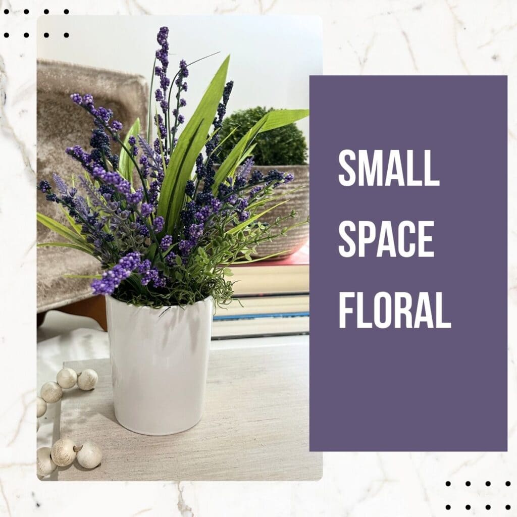 small space floral arrangement white and black vases with purple foxtail