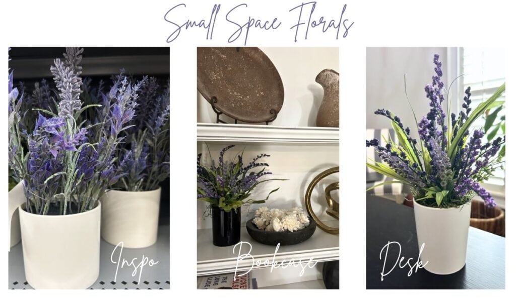 small space floral arrangement white and black vases with purple foxtail