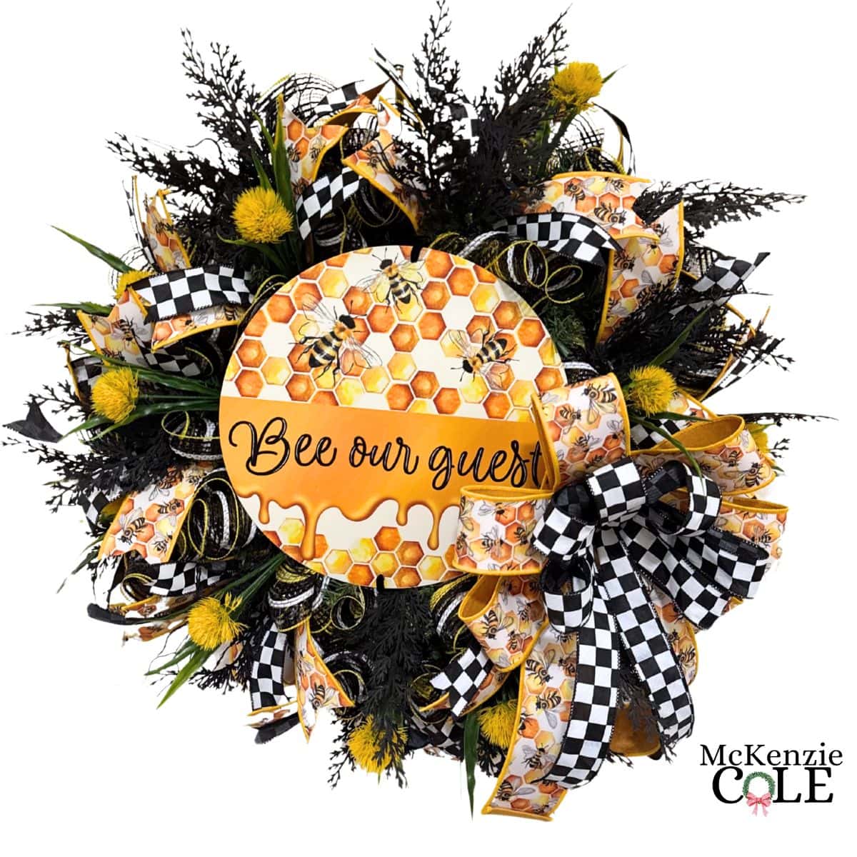 mesh wreath tutorial with bee our guest sign, tutorial by McKenzie Cole LLC