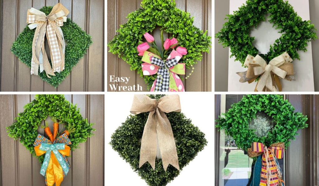 examples of boxwood wreaths with seasonal ribbon or floral changes
