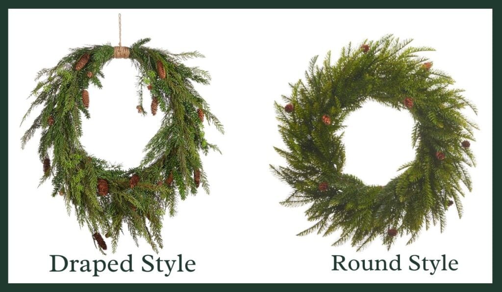 greenery wreaths in draped and round style for comparison