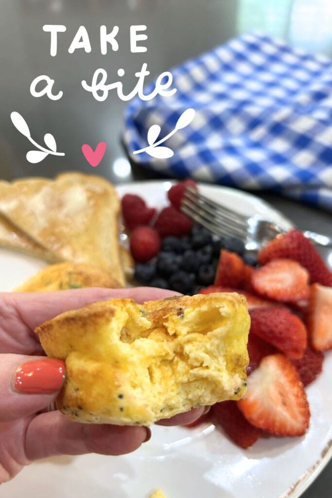 egg bites for breakfast with a side of fruit and buttered toast