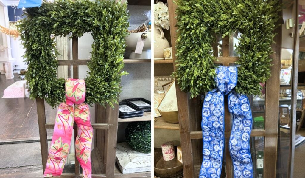 Two pictures of wreaths with ribbon simpley tied on them, how to decorate boxwood wreaths with ribbon