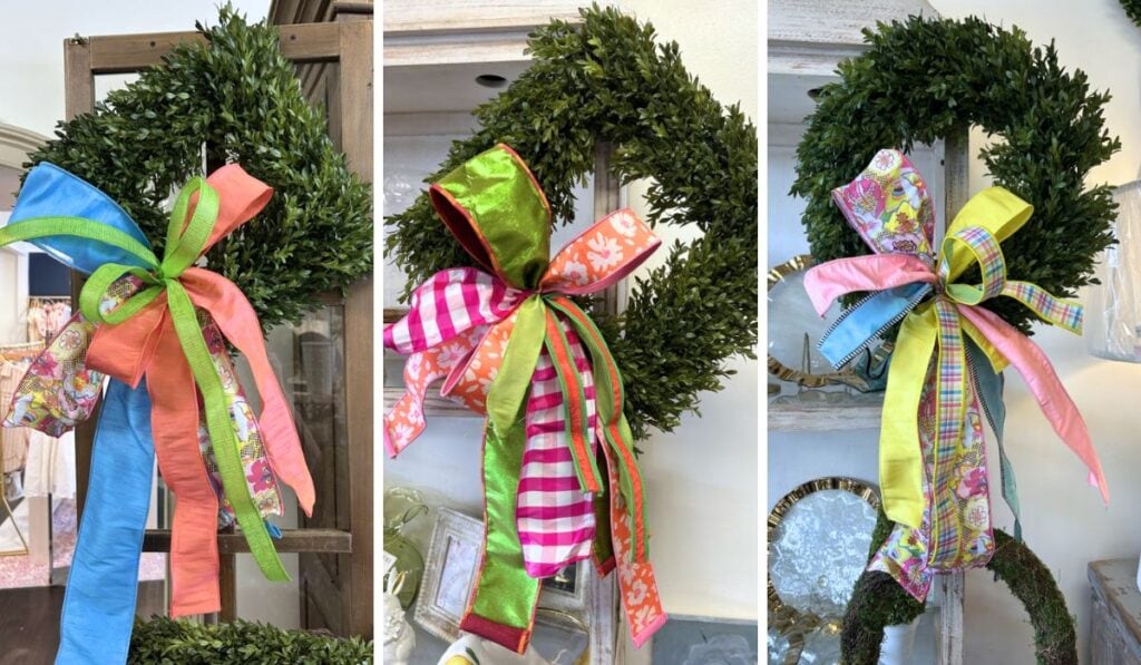 Three different pictures of wreaths with colorful ribbons