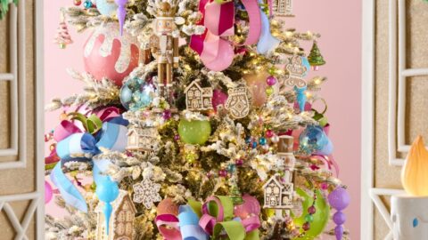 whimsical Christmas tree with gingerbread, multicolored ornaments and decorations