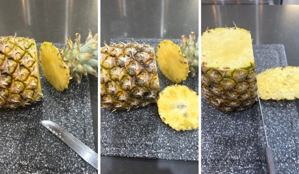top and bottom cut off pineapple, then sides