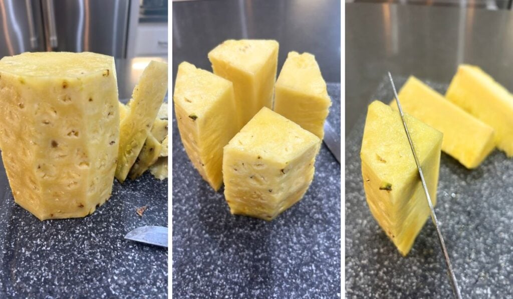 sides removed from pineapple, quartered and core cut from quarters
