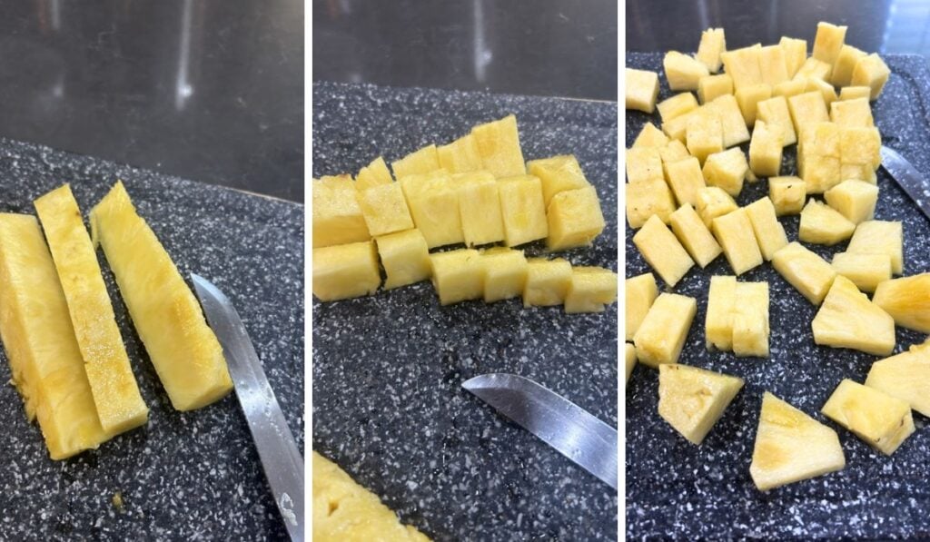 how to cut a pineapple; quarters cut into bitesize wedges