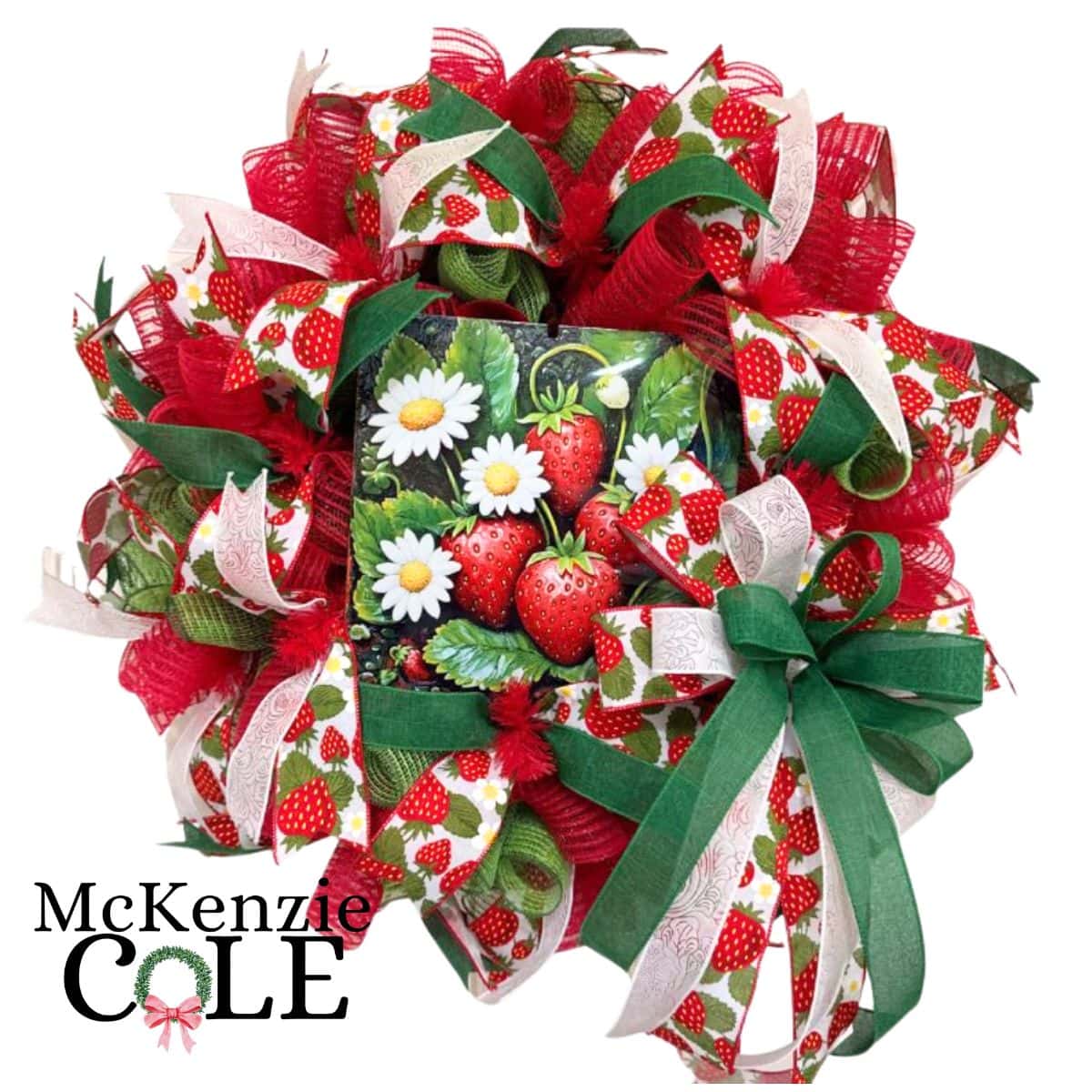 mesh wreath in red and green with an exclusive strawberries and daisies Trendy Tree sign