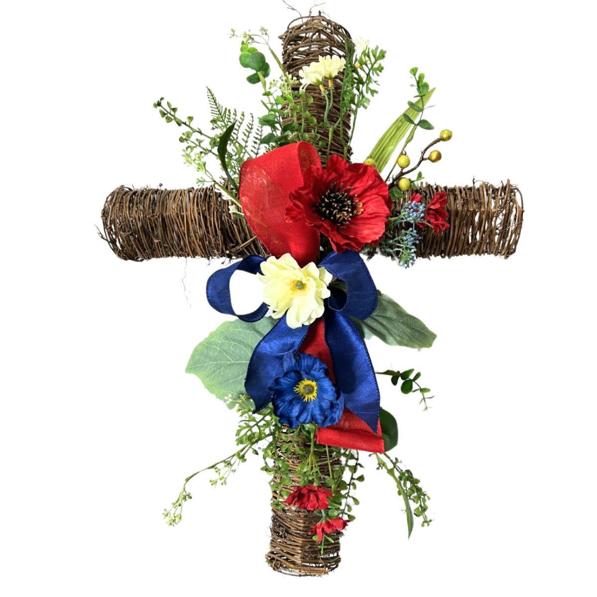 patriotic twig cross with floral spray and ribbon