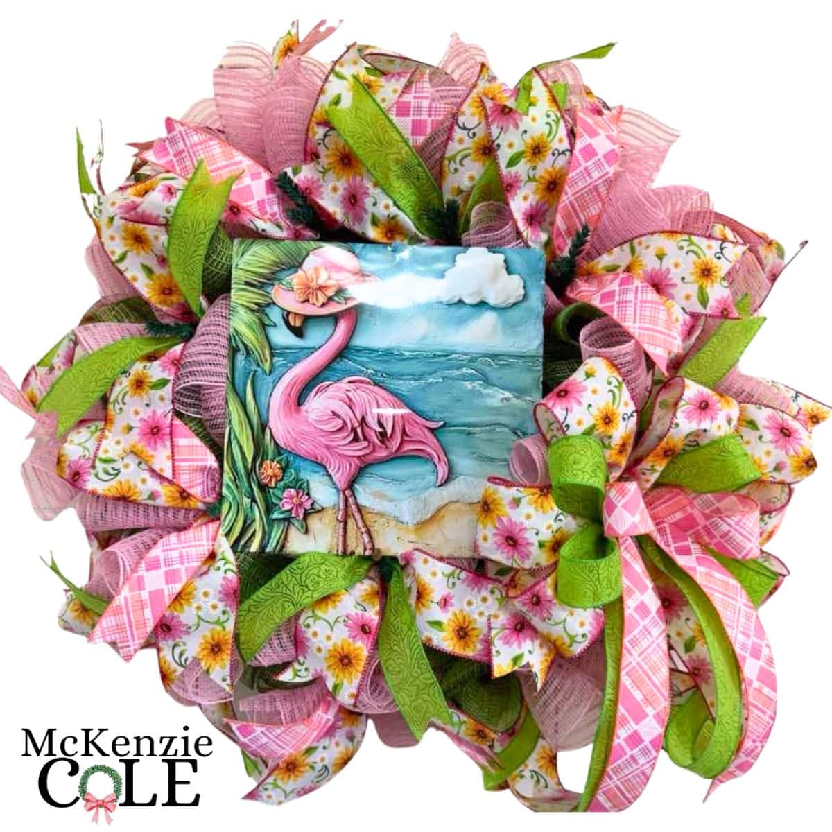 cute summer wreath made of mesh and ribbons with exclusive Trendy Tree flamingo sign
