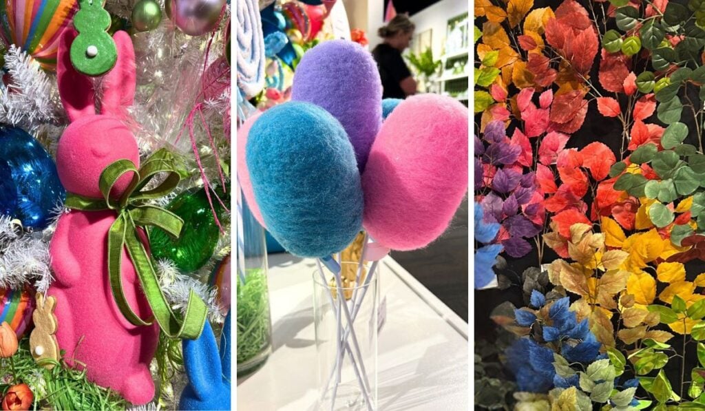 spring trends, brightly colored flocked bunnies with velvet ribbon bows, fluffy cotton candy picks, and leave sprays in spring colors