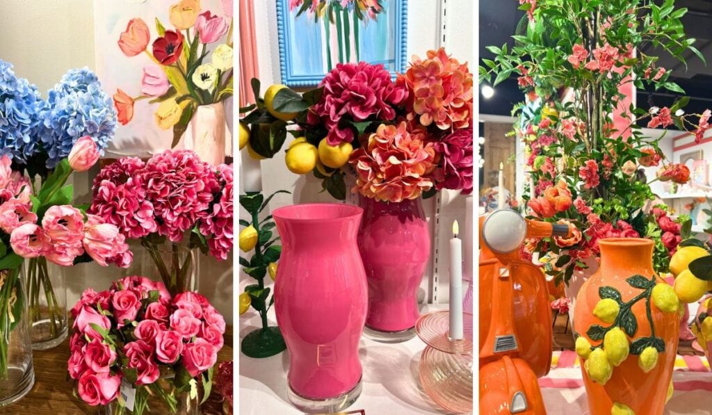 hot pink, raspberry and fuchsia roses, dark pink vases or Hurricanes, hydrangea blooms, orange vases, tulips and lemon picks