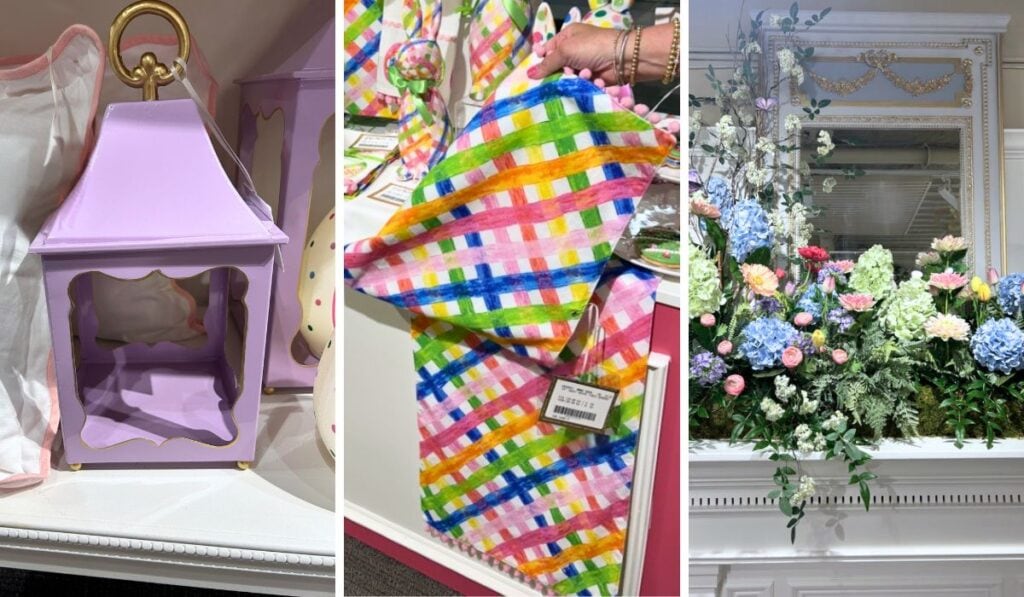lavender lantern, colorful table runner, and pastel floral mantel display