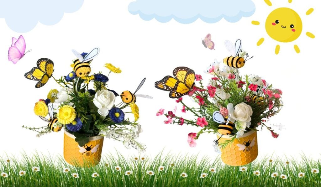 small summer florals made by kids with Trendy Tree picks and sprays and bumblebee flower pot from Dollar General