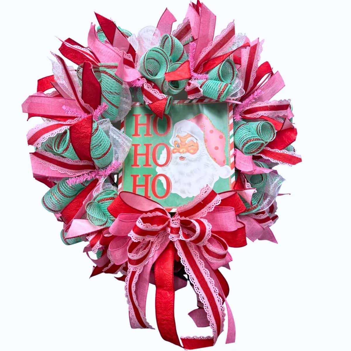 mint and pink ho ho ho santa wreath
