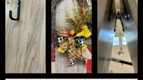 homemade wreath easel made using shelving boards from Lowes