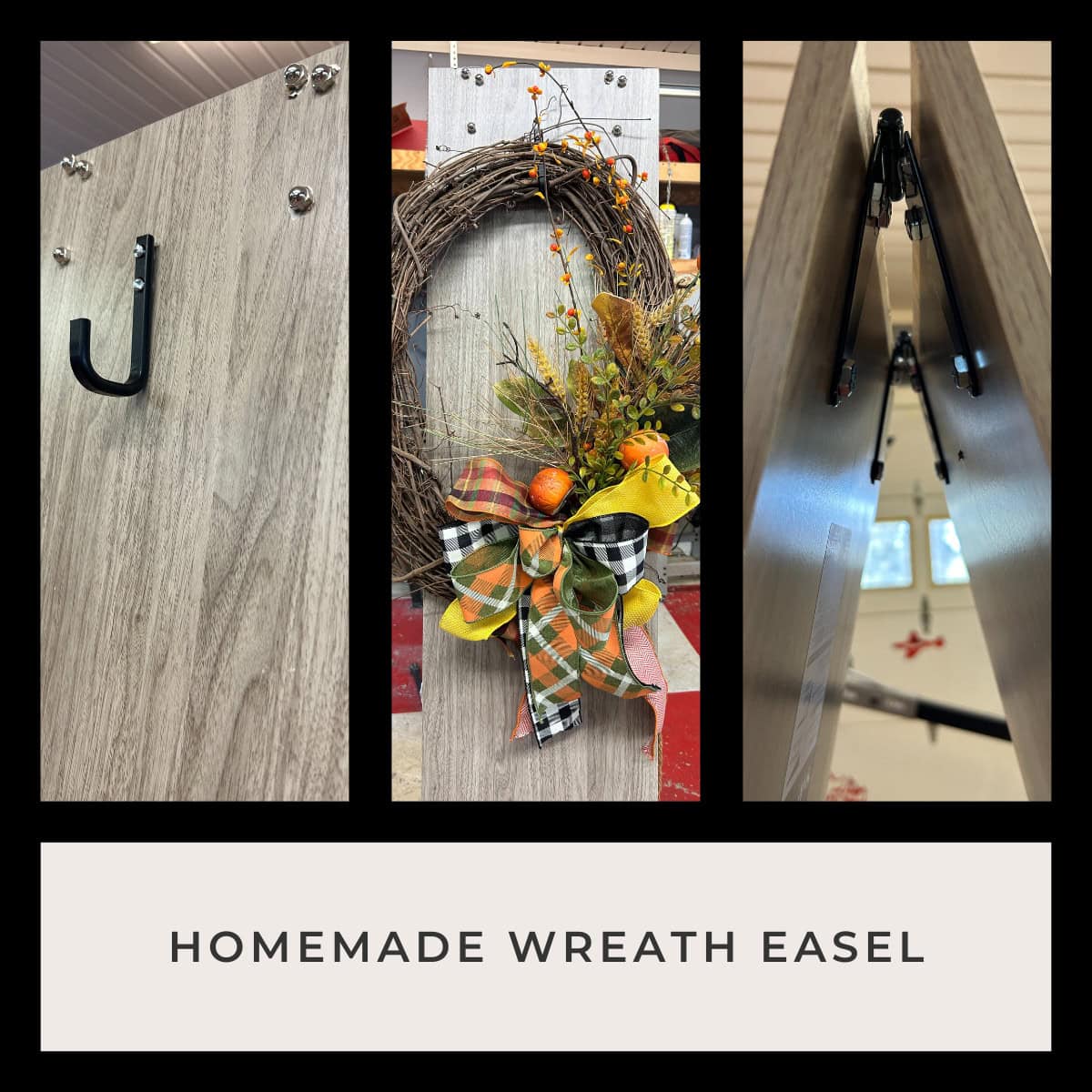 homemade wreath easel made using shelving boards from Lowes