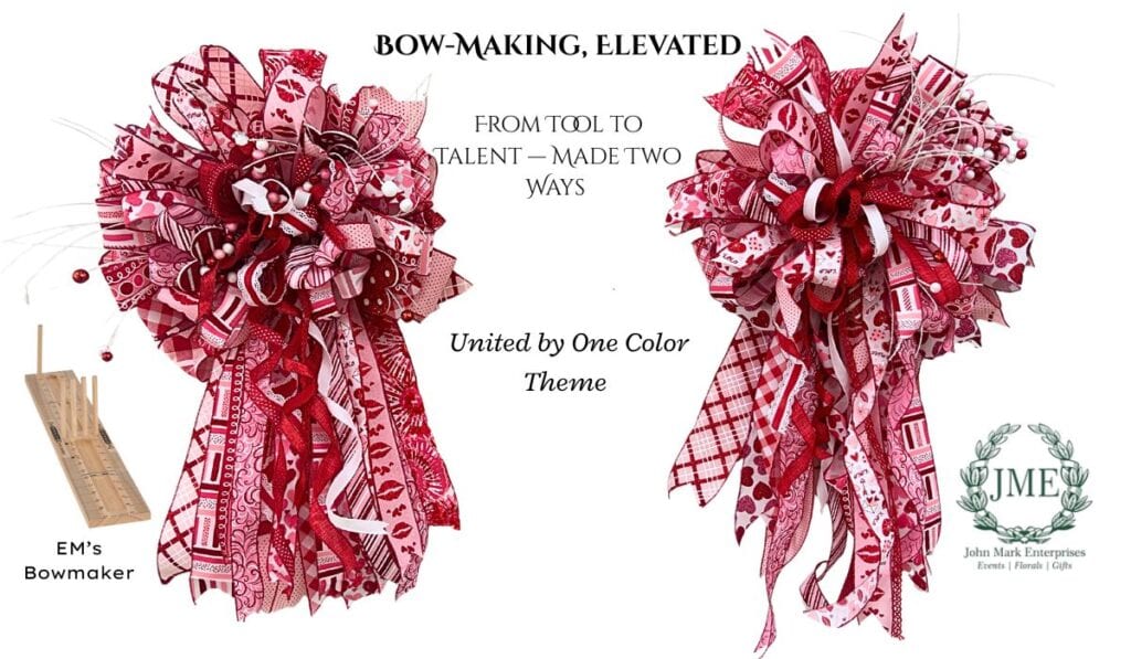 over the top red and pink valentine bows: one made with Em's Bowmaker, available at Trendy Tree, and the other free-handed by John Mark Enterprises