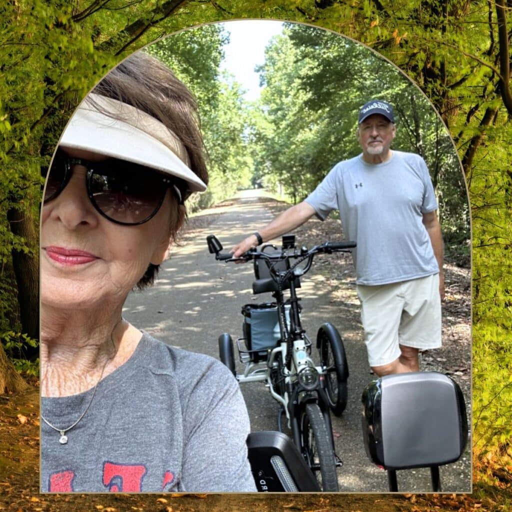 riding on the Tanglefoot Trail on our e-trikes, the Tanglefoot Trail from New Albany to Houston, MS