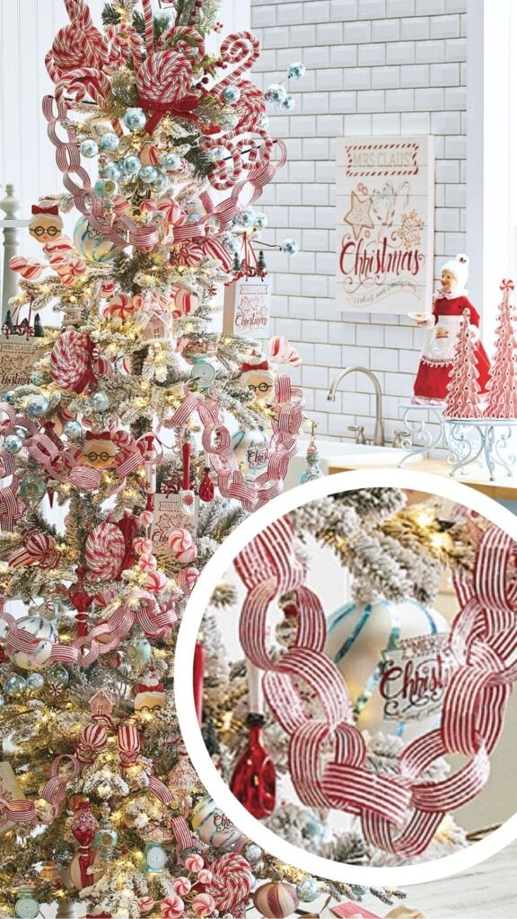 peppermint parlor Christmas tree showing the "paper chain garland" that was my inspiration for creating a ribbon chain garland