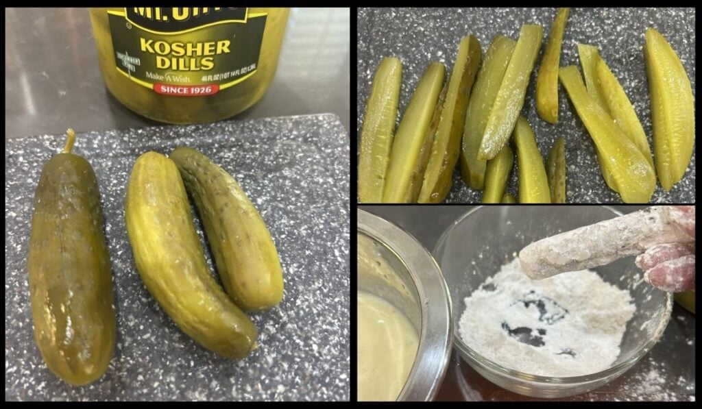 sliced dill pickles and coated with cornstarch, preparing for egg/buttermilk and then flour batter for frying dill pickle fries