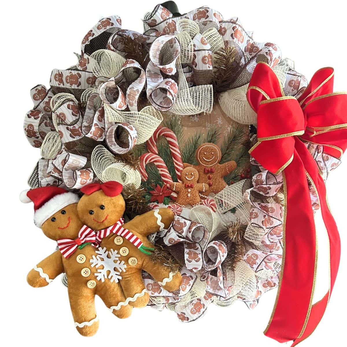 Gingerbread Kids Mesh Wreath with Exclusive Trendy Tree sign and red velvet bow