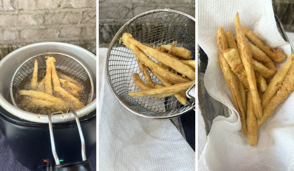 Squash fries, deep fry until golden brown, drain on paper towels