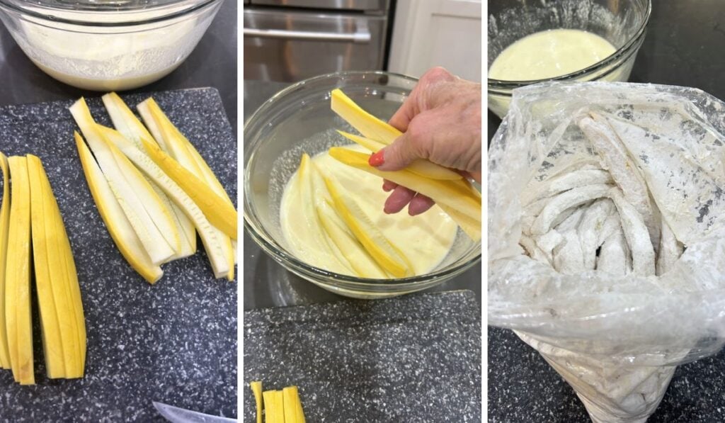 yellow squash, dipped in egg and buttermilk, battered with flour, salt and pepper