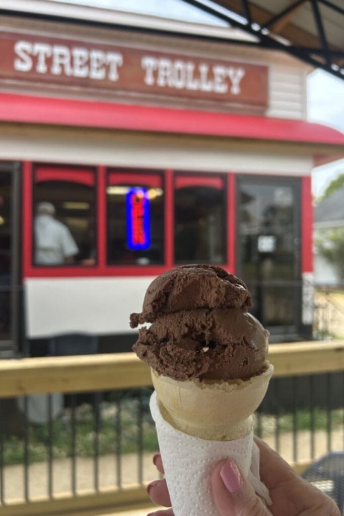 chocolate ice cream cone from The Trolley in Ecru, MS, off the Tanglefoot Trail