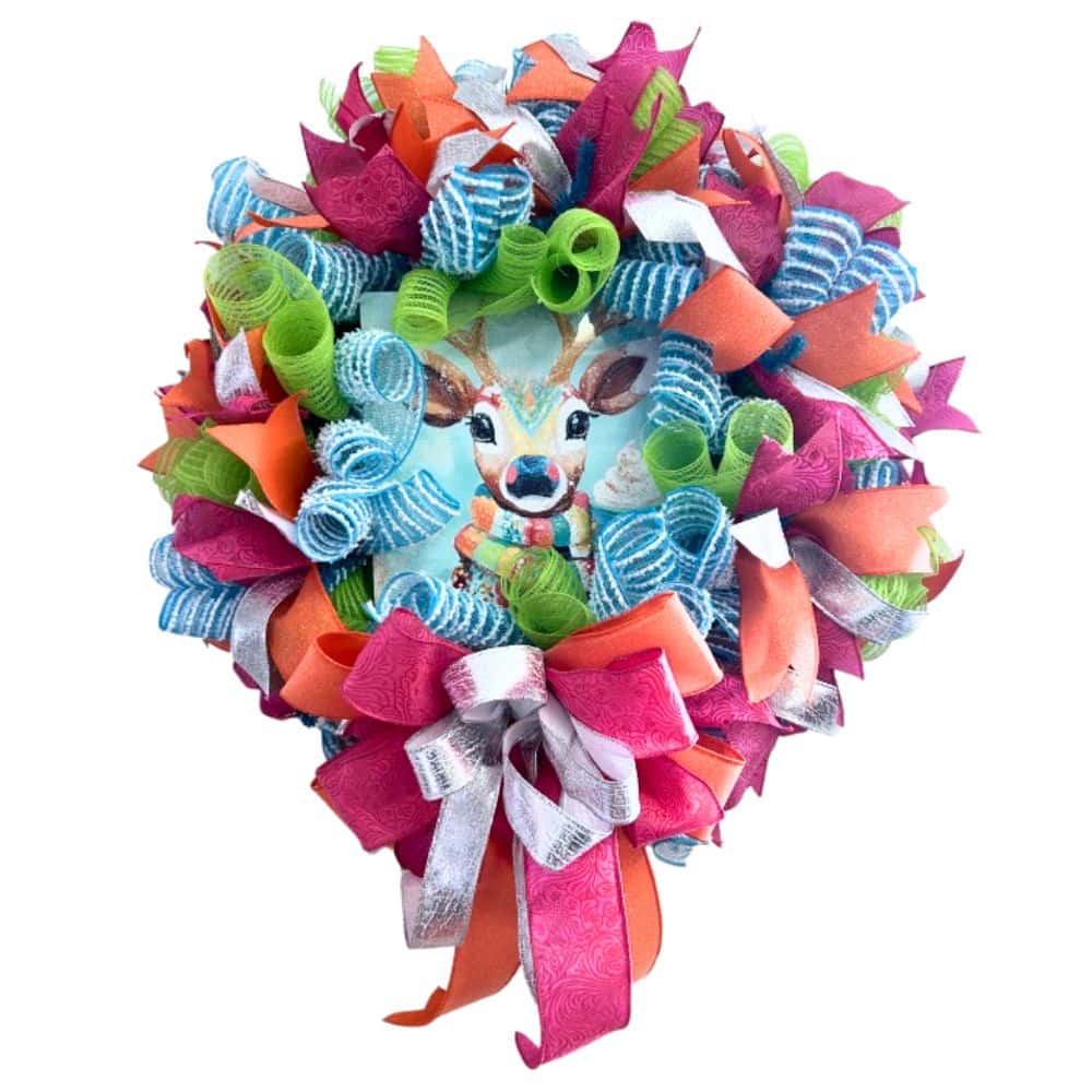 cozy reindeer with hot cocoa deco mesh wreath