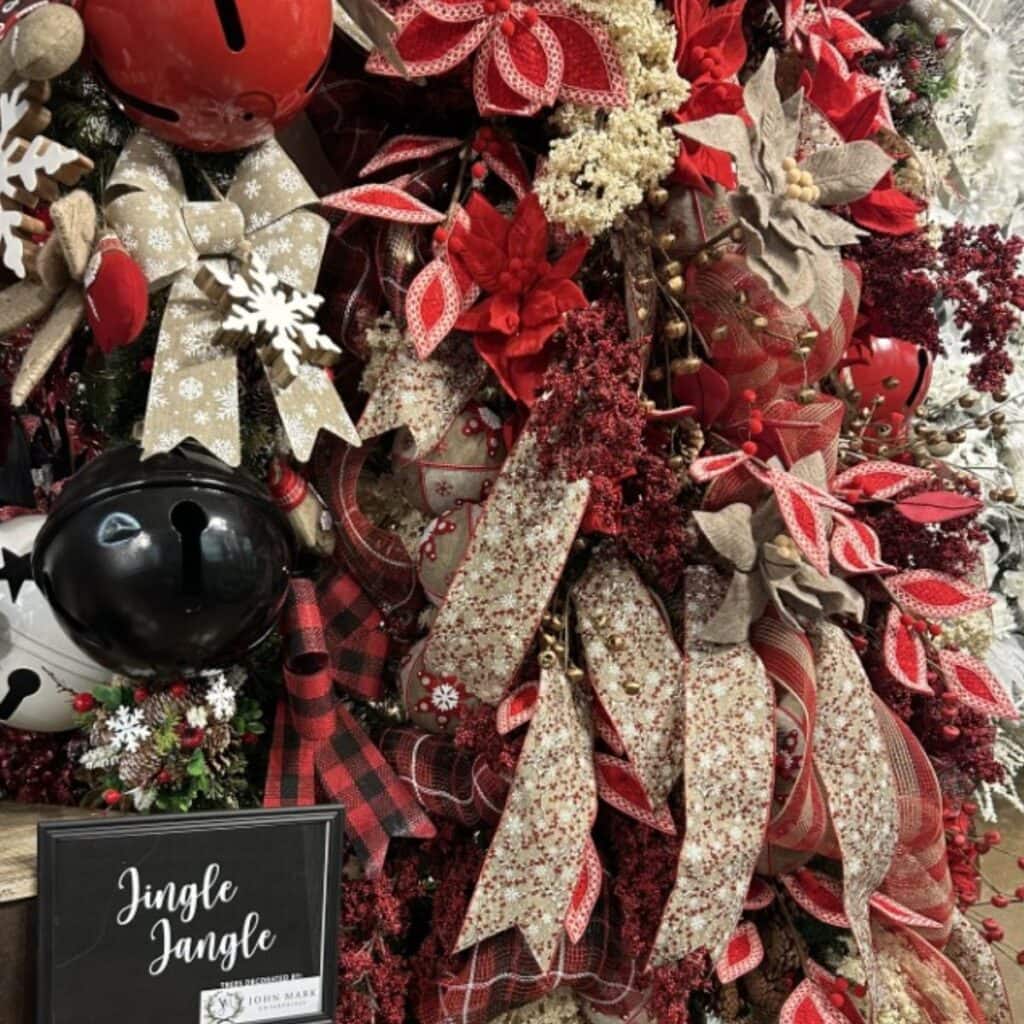 farmhouse christmas tree in the Craig Bachman Imports showroom, decorated by John Mark Enterprises