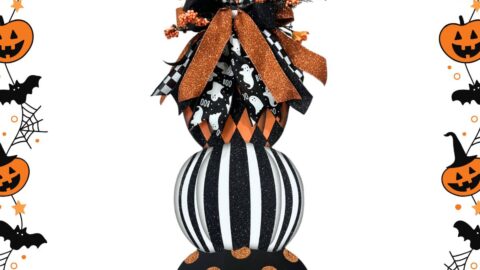 Dollar Tree Pumpkin Sign Makeover with a black and orange Halloween floral and ribbon from Trendy Tree
