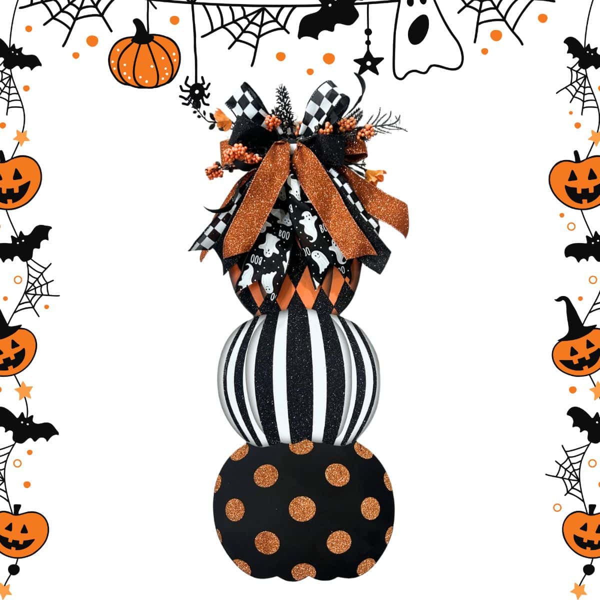 Dollar Tree Pumpkin Sign Makeover with a black and orange Halloween floral and ribbon from Trendy Tree