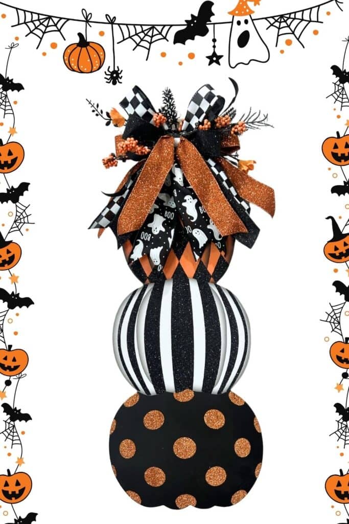 Dollar Tree Pumpkin Sign Makeover with a black and orange Halloween floral and ribbon from Trendy Tree